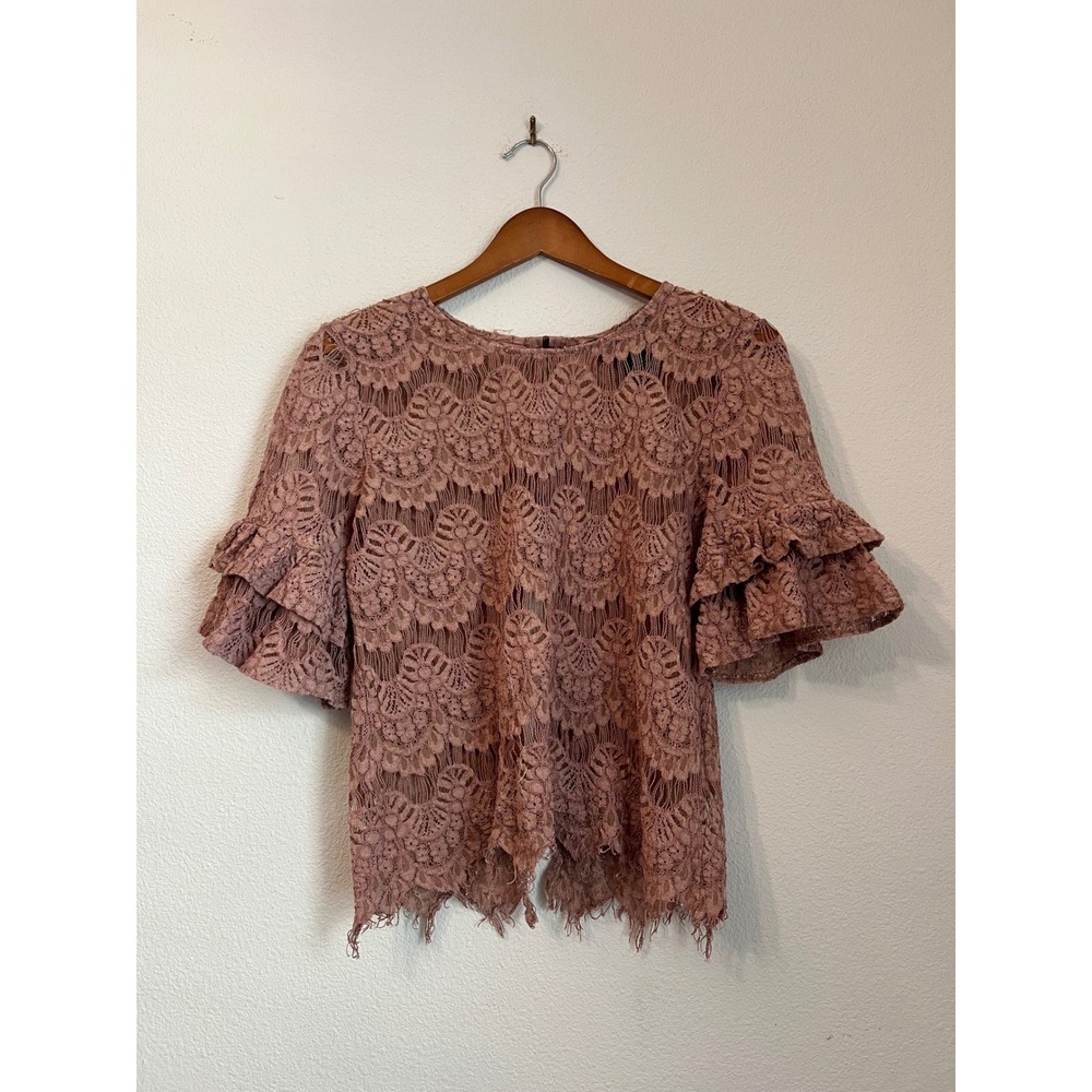 INVY Lace Top Blouse‎ XL Ruffle Short Sleeve Mauve Pink Floral